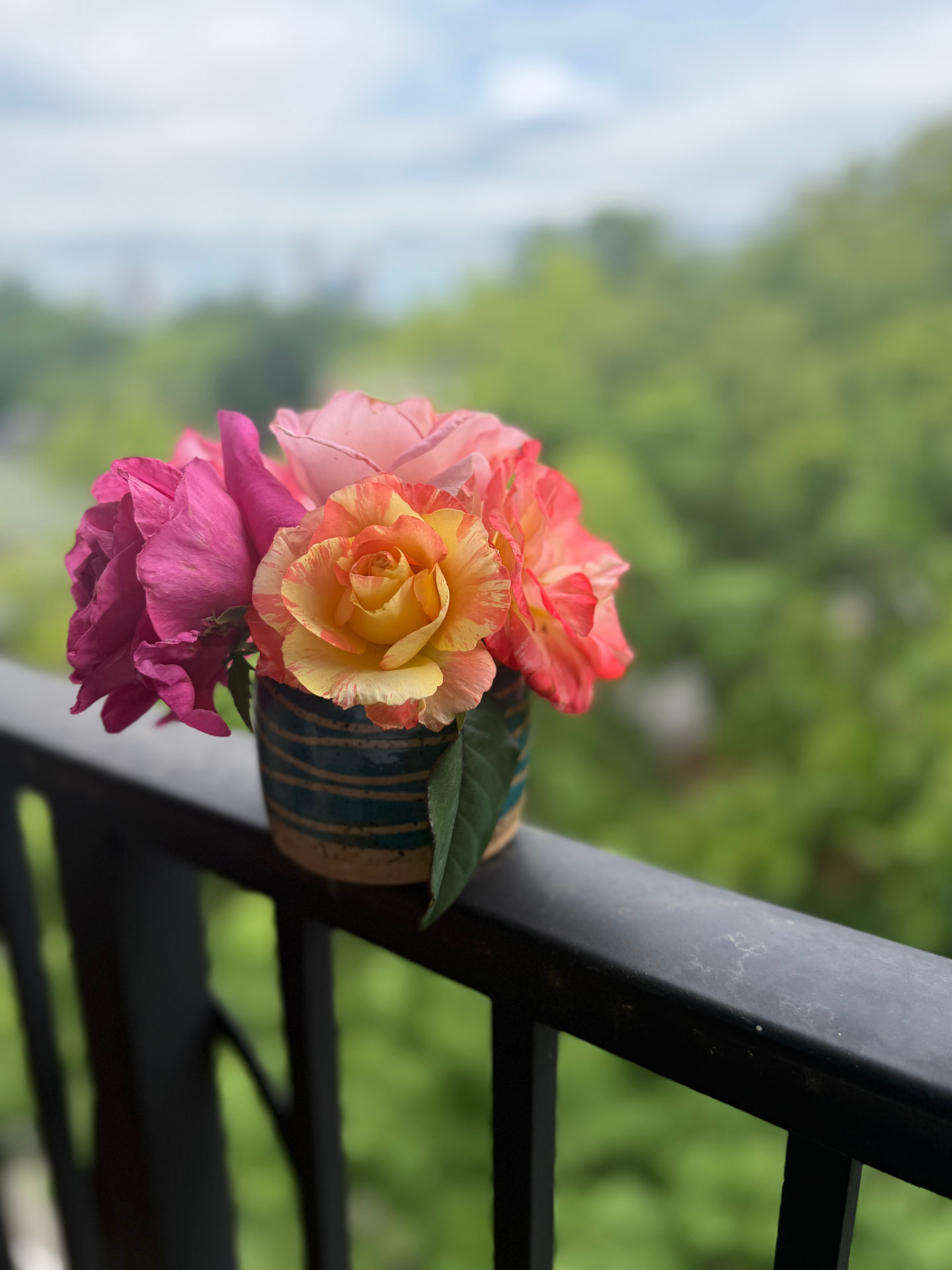 Striped teal and terracotta vase of roses on a porch railing
